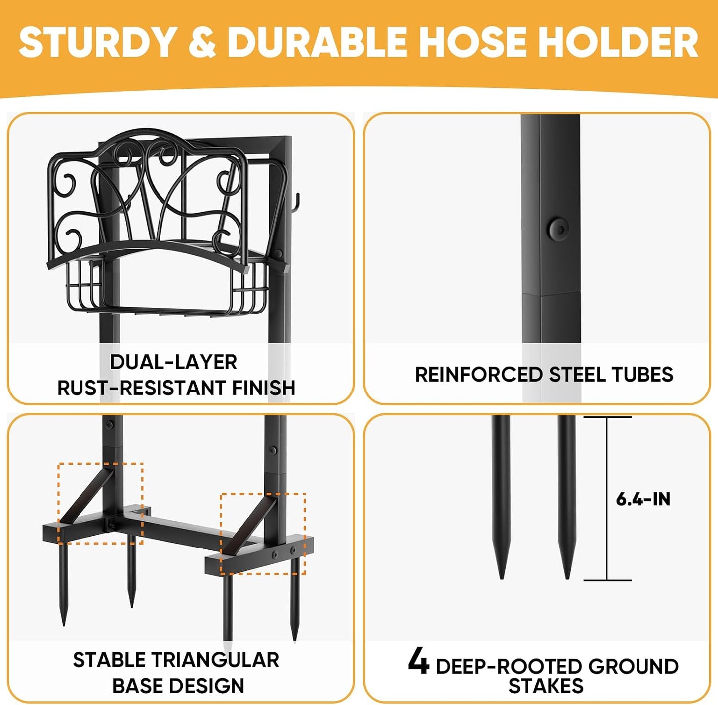 Heavy-Duty Garden Hose Holder with Storage Basket and Tool Hooks, Stable Hose Hanger Metal Garden Hose Storage Holds 160Ft, Rustproof Freestanding Water Hose Holder for Outside,Yard,Lawn,Farm