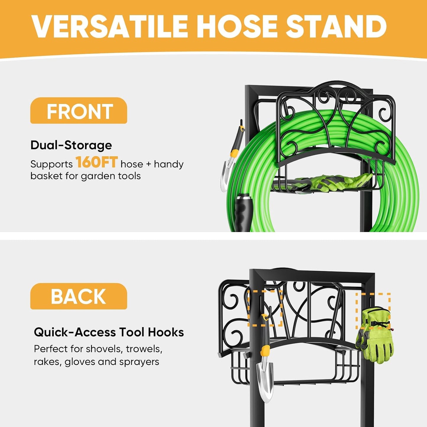 Heavy-Duty Garden Hose Holder with Storage Basket and Tool Hooks, Stable Hose Hanger Metal Garden Hose Storage Holds 160Ft, Rustproof Freestanding Water Hose Holder for Outside,Yard,Lawn,Farm