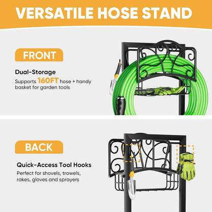 Heavy-Duty Garden Hose Holder with Storage Basket and Tool Hooks, Stable Hose Hanger Metal Garden Hose Storage Holds 160Ft, Rustproof Freestanding Water Hose Holder for Outside,Yard,Lawn,Farm