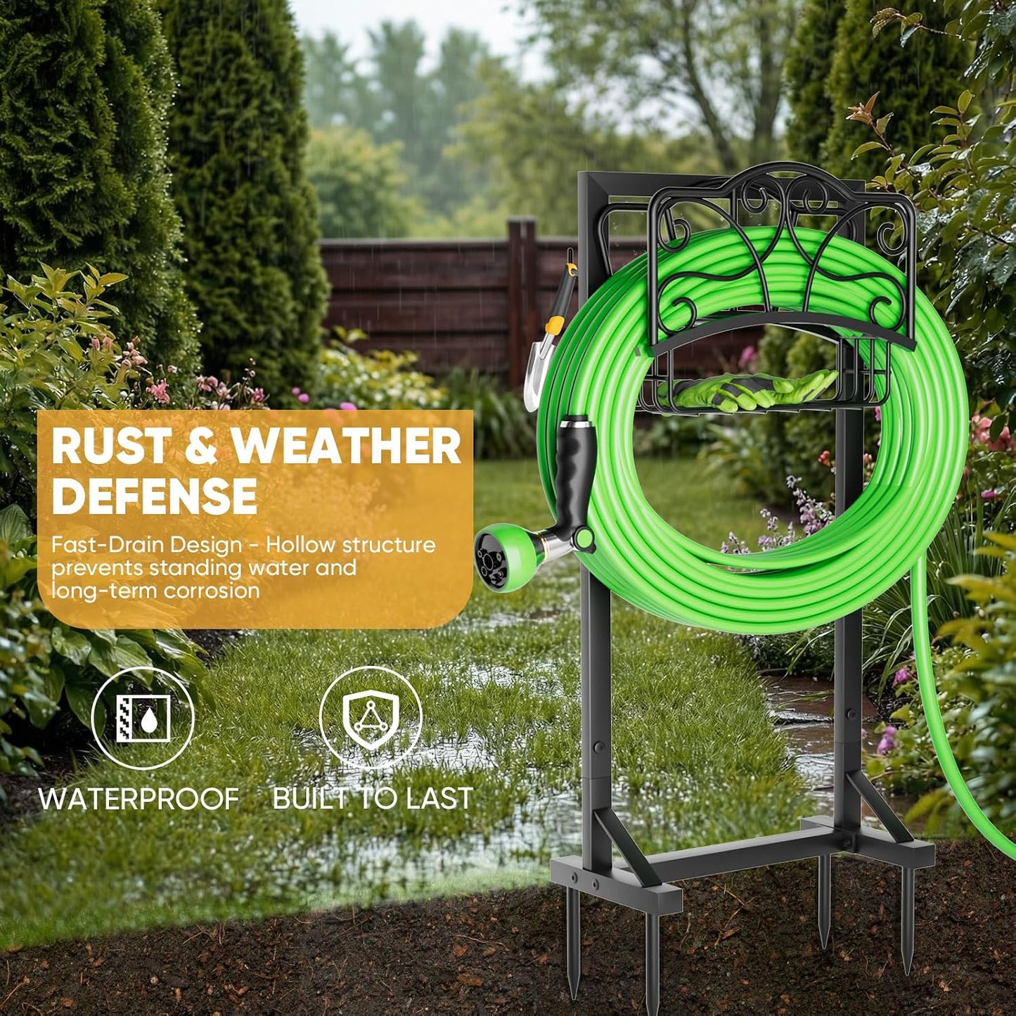 Heavy-Duty Garden Hose Holder with Storage Basket and Tool Hooks, Stable Hose Hanger Metal Garden Hose Storage Holds 160Ft, Rustproof Freestanding Water Hose Holder for Outside,Yard,Lawn,Farm