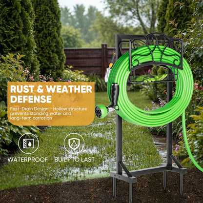 Heavy-Duty Garden Hose Holder with Storage Basket and Tool Hooks, Stable Hose Hanger Metal Garden Hose Storage Holds 160Ft, Rustproof Freestanding Water Hose Holder for Outside,Yard,Lawn,Farm
