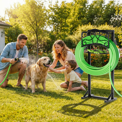 Heavy-Duty Garden Hose Holder with Storage Basket and Tool Hooks, Stable Hose Hanger Metal Garden Hose Storage Holds 160Ft, Rustproof Freestanding Water Hose Holder for Outside,Yard,Lawn,Farm