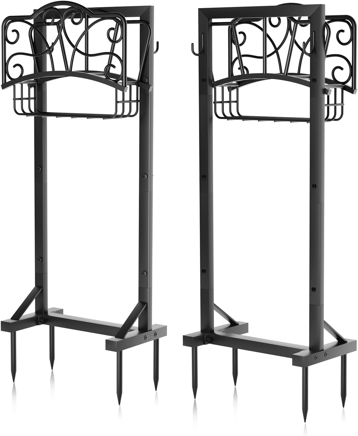 Heavy-Duty Garden Hose Holder with Storage Basket and Tool Hooks, Stable Hose Hanger Metal Garden Hose Storage Holds 160Ft, Rustproof Freestanding Water Hose Holder for Outside,Yard,Lawn,Farm