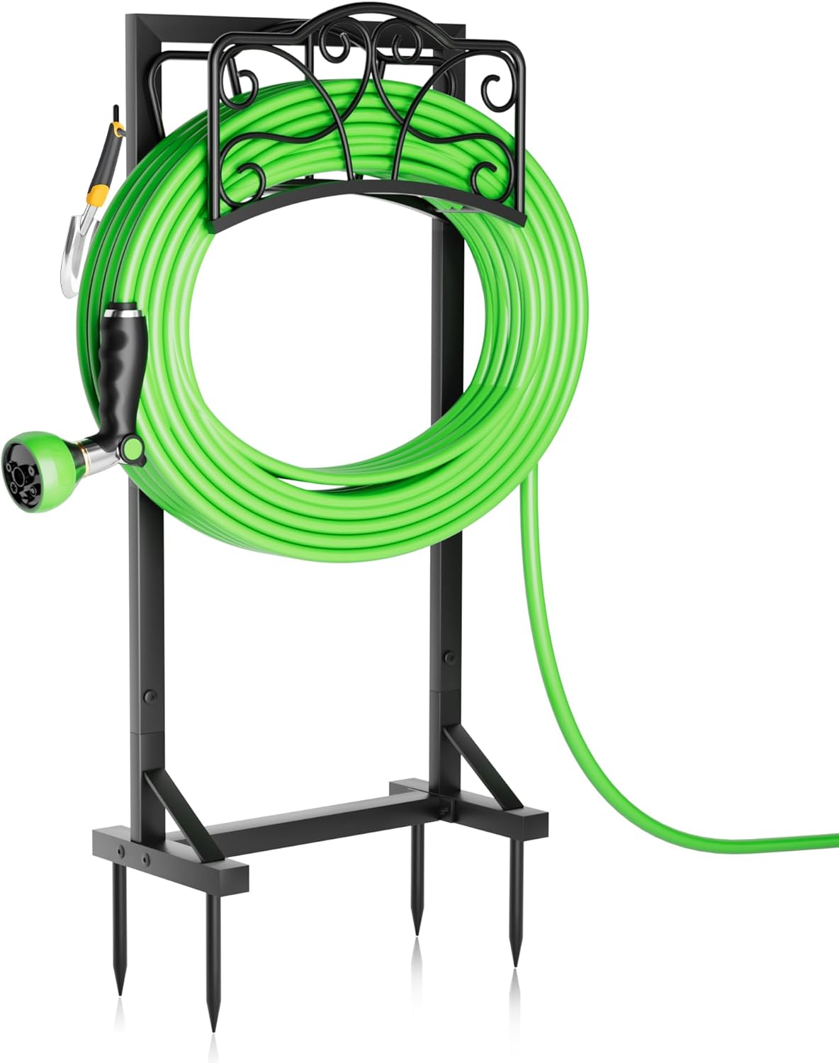 Heavy-Duty Garden Hose Holder with Storage Basket and Tool Hooks, Stable Hose Hanger Metal Garden Hose Storage Holds 160Ft, Rustproof Freestanding Water Hose Holder for Outside,Yard,Lawn,Farm