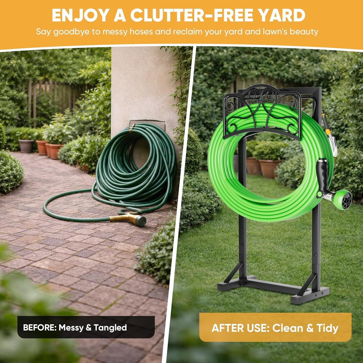Heavy-Duty Garden Hose Holder with Storage Basket and Tool Hooks, Stable Hose Hanger Metal Garden Hose Storage Holds 160Ft, Rustproof Freestanding Water Hose Holder for Outside,Yard,Lawn,Farm