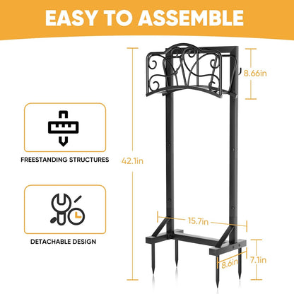 Heavy-Duty Garden Hose Holder with Storage Basket and Tool Hooks, Stable Hose Hanger Metal Garden Hose Storage Holds 160Ft, Rustproof Freestanding Water Hose Holder for Outside,Yard,Lawn,Farm