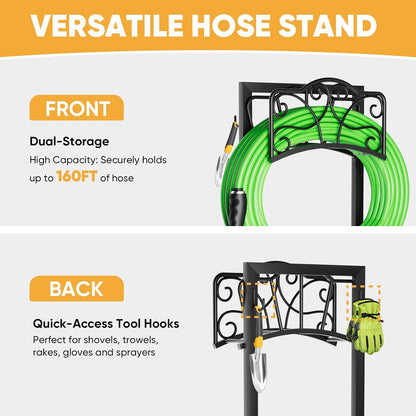Heavy-Duty Garden Hose Holder with Storage Basket and Tool Hooks, Stable Hose Hanger Metal Garden Hose Storage Holds 160Ft, Rustproof Freestanding Water Hose Holder for Outside,Yard,Lawn,Farm