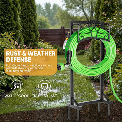 Heavy-Duty Garden Hose Holder with Storage Basket and Tool Hooks, Stable Hose Hanger Metal Garden Hose Storage Holds 160Ft, Rustproof Freestanding Water Hose Holder for Outside,Yard,Lawn,Farm