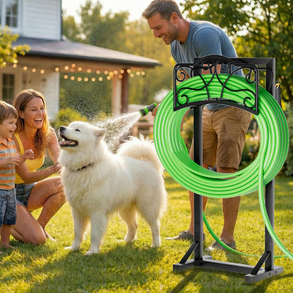 Heavy-Duty Garden Hose Holder with Storage Basket and Tool Hooks, Stable Hose Hanger Metal Garden Hose Storage Holds 160Ft, Rustproof Freestanding Water Hose Holder for Outside,Yard,Lawn,Farm