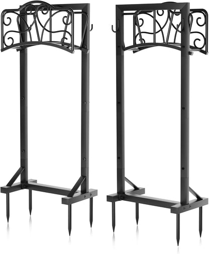 Heavy-Duty Garden Hose Holder with Storage Basket and Tool Hooks, Stable Hose Hanger Metal Garden Hose Storage Holds 160Ft, Rustproof Freestanding Water Hose Holder for Outside,Yard,Lawn,Farm