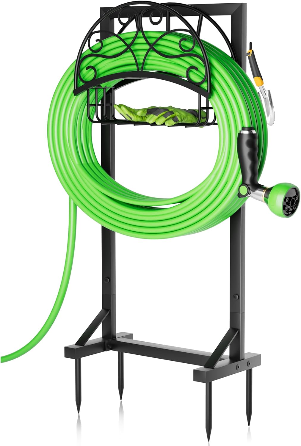 Heavy-Duty Garden Hose Holder with Storage Basket and Tool Hooks, Stable Hose Hanger Metal Garden Hose Storage Holds 160Ft, Rustproof Freestanding Water Hose Holder for Outside,Yard,Lawn,Farm