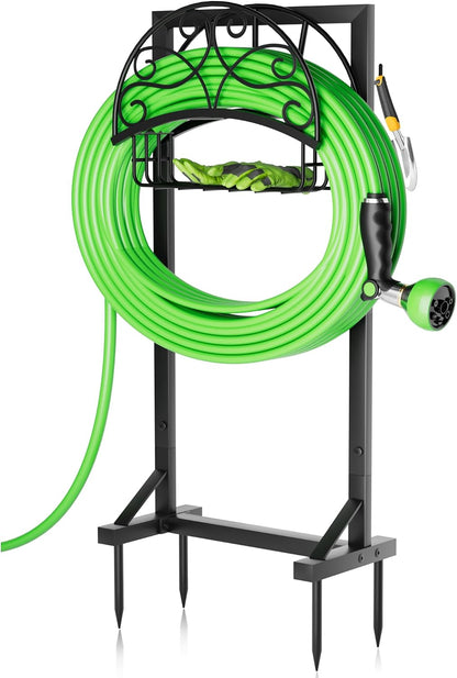 Heavy-Duty Garden Hose Holder with Storage Basket and Tool Hooks, Stable Hose Hanger Metal Garden Hose Storage Holds 160Ft, Rustproof Freestanding Water Hose Holder for Outside,Yard,Lawn,Farm