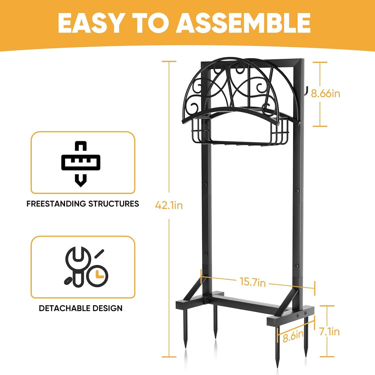 Heavy-Duty Garden Hose Holder with Storage Basket and Tool Hooks, Stable Hose Hanger Metal Garden Hose Storage Holds 160Ft, Rustproof Freestanding Water Hose Holder for Outside,Yard,Lawn,Farm