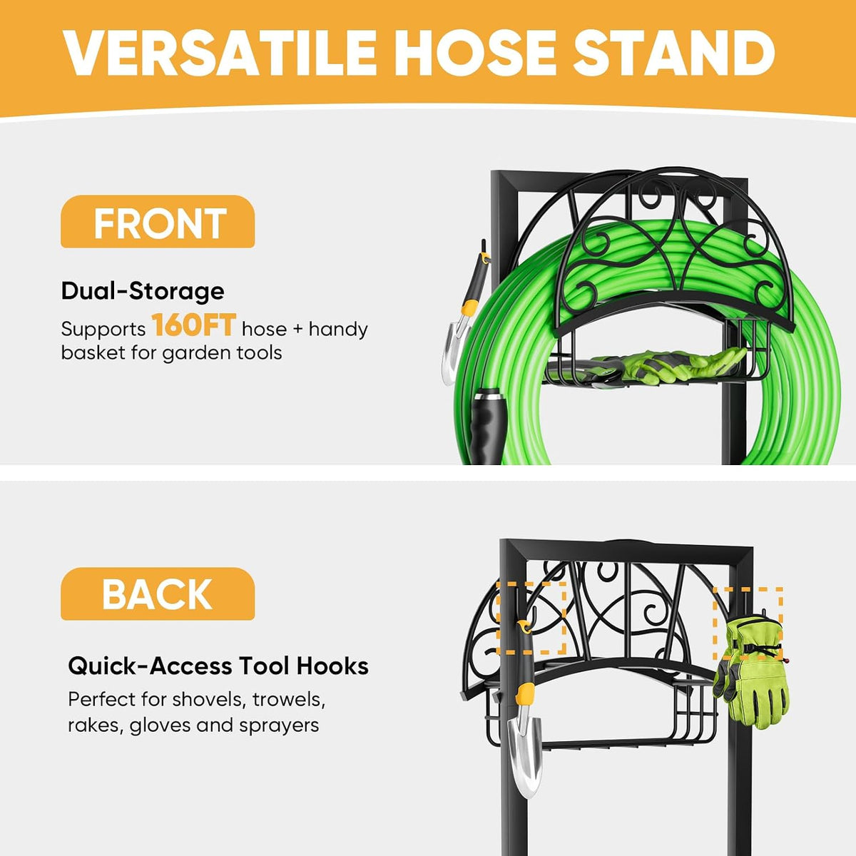 Heavy-Duty Garden Hose Holder with Storage Basket and Tool Hooks, Stable Hose Hanger Metal Garden Hose Storage Holds 160Ft, Rustproof Freestanding Water Hose Holder for Outside,Yard,Lawn,Farm