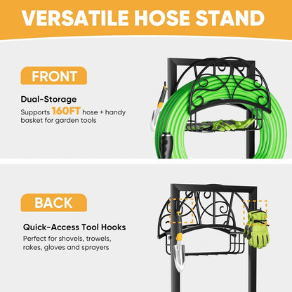 Heavy-Duty Garden Hose Holder with Storage Basket and Tool Hooks, Stable Hose Hanger Metal Garden Hose Storage Holds 160Ft, Rustproof Freestanding Water Hose Holder for Outside,Yard,Lawn,Farm