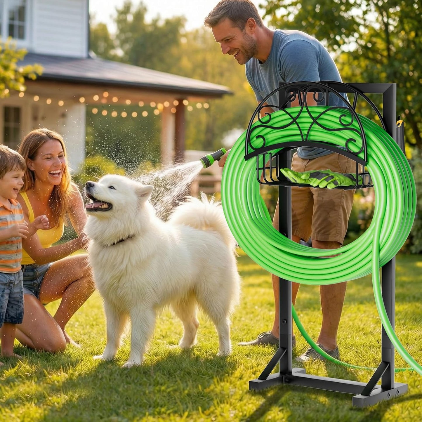 Heavy-Duty Garden Hose Holder with Storage Basket and Tool Hooks, Stable Hose Hanger Metal Garden Hose Storage Holds 160Ft, Rustproof Freestanding Water Hose Holder for Outside,Yard,Lawn,Farm