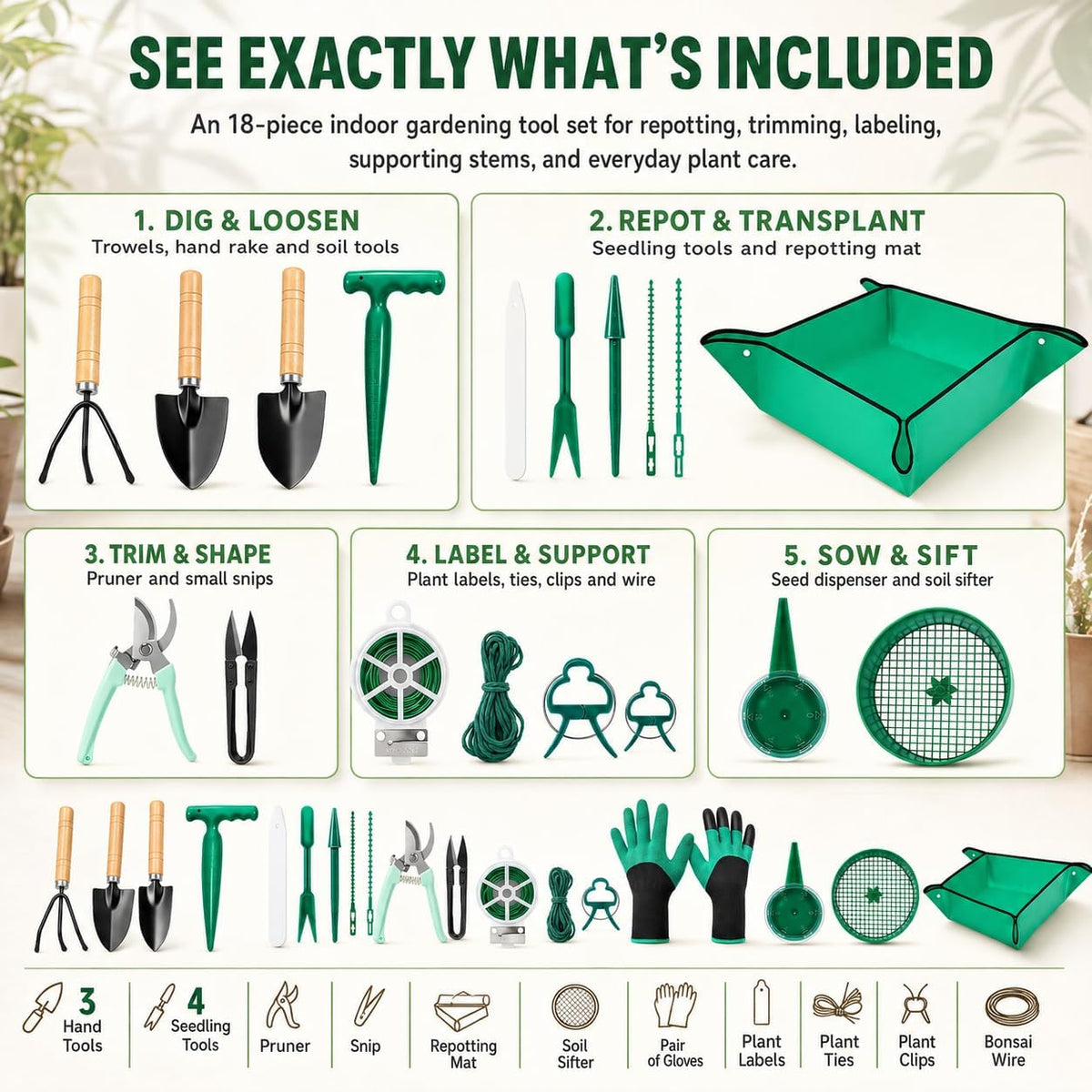 18-Piece Gardening Tool Set for Plants with Repotting Mat