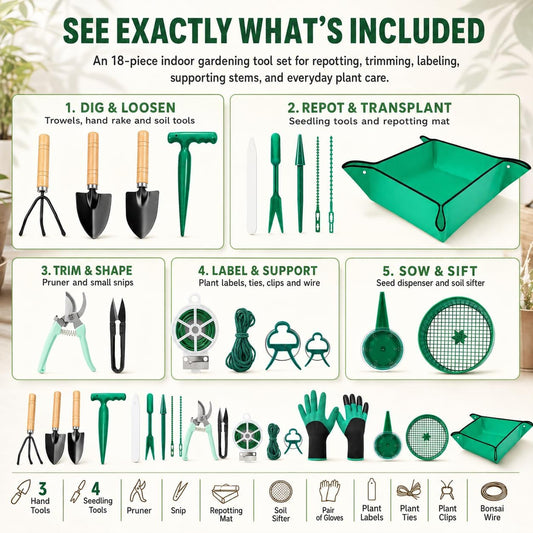 18-Piece Gardening Tool Set for Plants with Repotting Mat