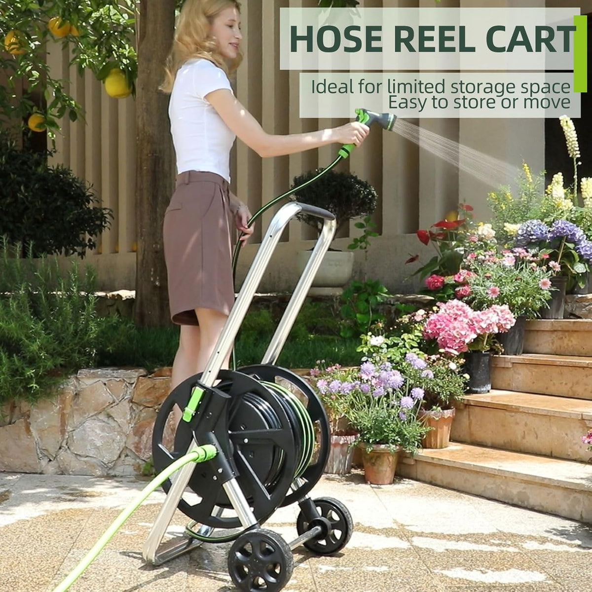 Hose Reel Cart, Holds 75-150 Feet of 5/8" Hose