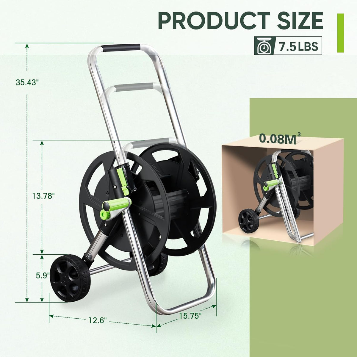 Hose Reel Cart, Holds 75-150 Feet of 5/8" Hose