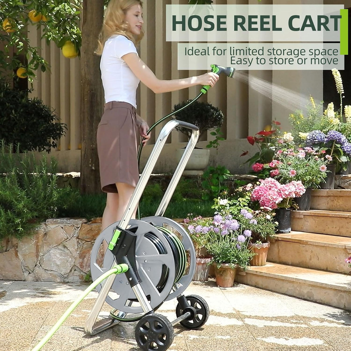 Hose Reel Cart, Holds 75-150 Feet of 5/8" Hose