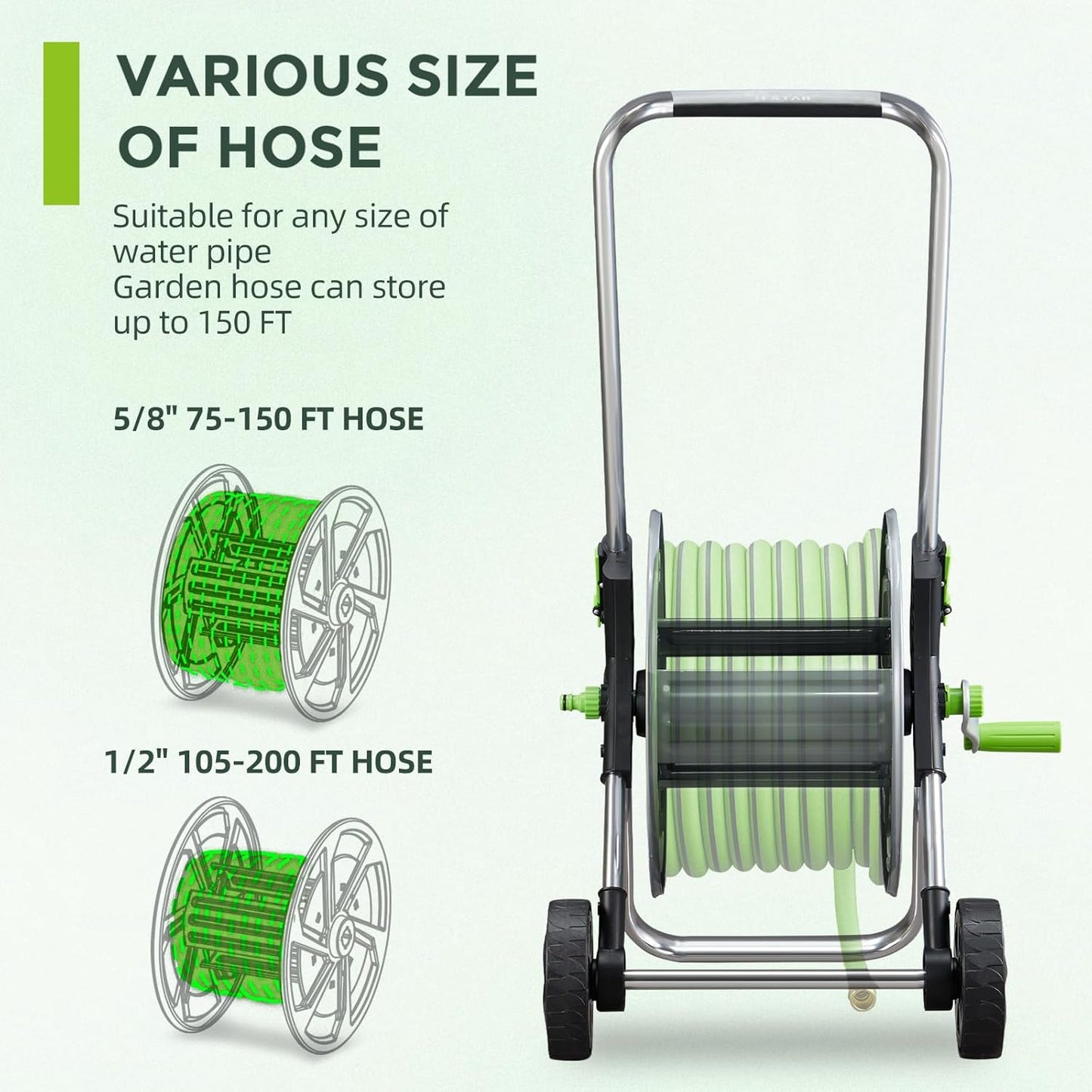 Hose Reel Cart, Holds 75-150 Feet of 5/8" Hose