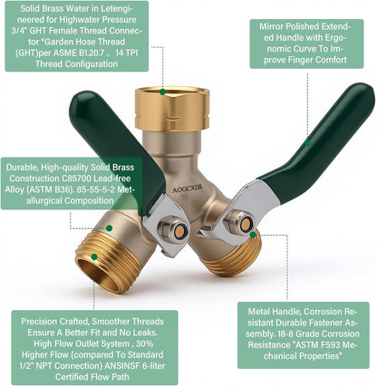 2 Way Garden Hose Splitter, Brass Y-Valve Hose Splitter.