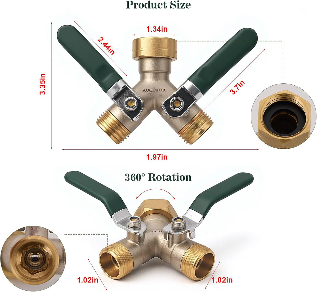 2 Way Garden Hose Splitter, Brass Y-Valve Hose Splitter.