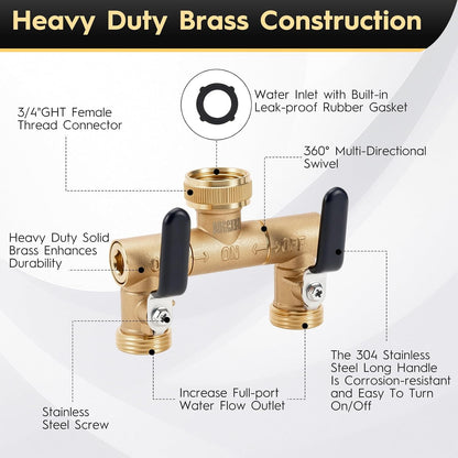 2 Way Garden Hose Splitter, Brass Y-Valve Hose Splitter.