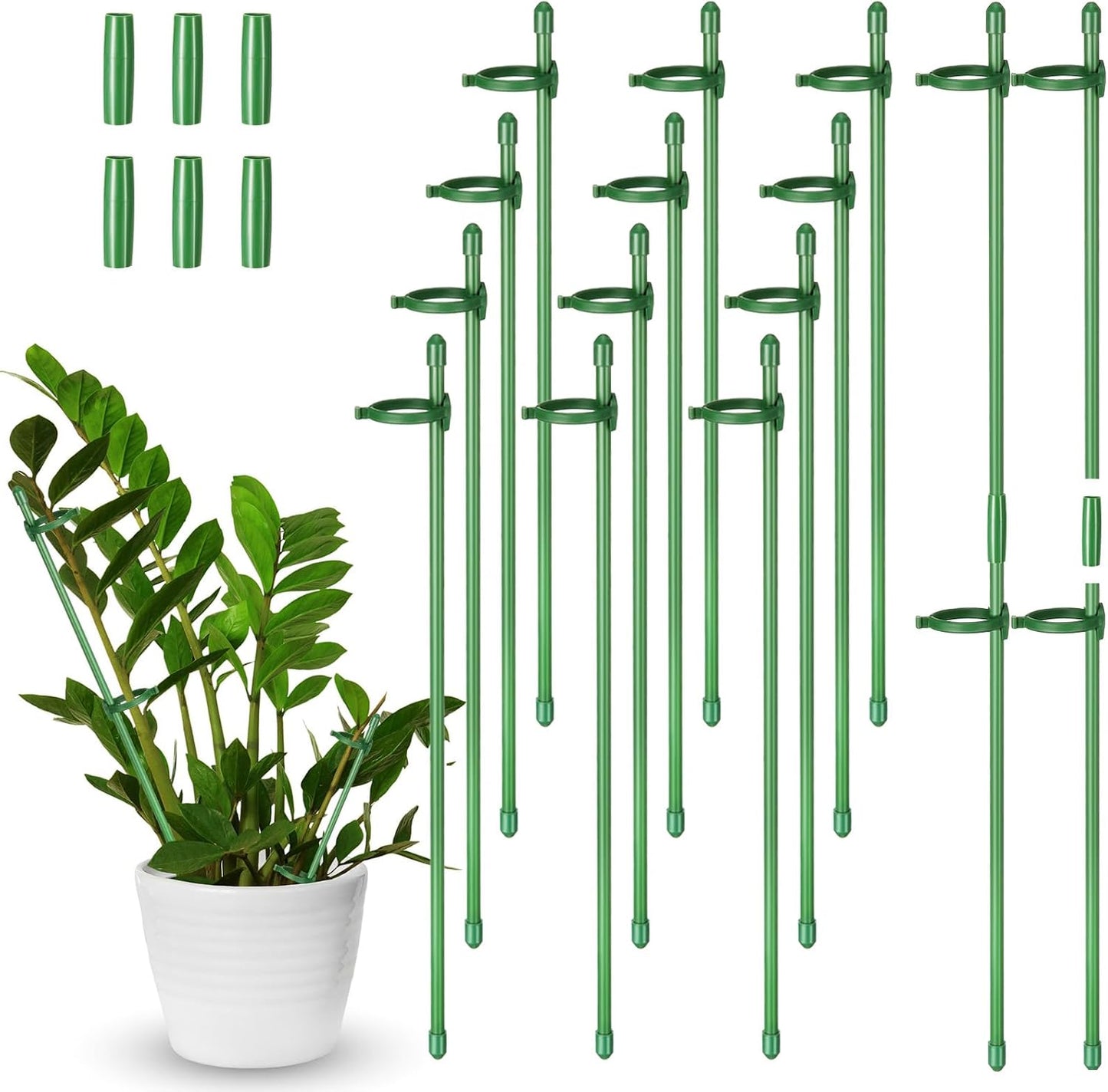 12 Pcs 12 Inch Adjustable Plant Support Stakes for Indoor Outdoor Garden Orchid Stick Single Stem Plant Cage Support Rings with Clips and Connect Pipe for Tomato Flowers, Potted Plants (Green)