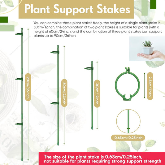 12 Pcs 12 Inch Adjustable Plant Support Stakes for Indoor Outdoor Garden Orchid Stick Single Stem Plant Cage Support Rings with Clips and Connect Pipe for Tomato Flowers, Potted Plants (Green)