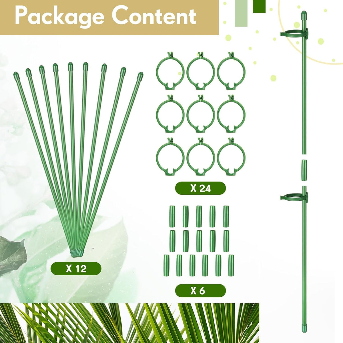 12 Pcs 12 Inch Adjustable Plant Support Stakes for Indoor Outdoor Garden Orchid Stick Single Stem Plant Cage Support Rings with Clips and Connect Pipe for Tomato Flowers, Potted Plants (Green)