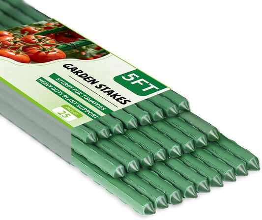 25 Pack Garden Stakes 5FT (58 Inch), Heavy Duty Steel Tomato Stakes with Plastic Coating, Tall Plant Support Stakes for Outdoor Climbing Plants, Vegetables, Beans & Garden Use
