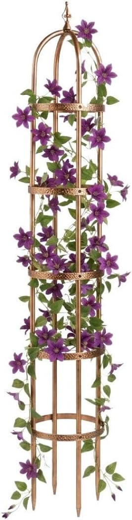 Metal Garden Plant Obelisk | Indoor & Outdoor Safe | Powder-Coated Steel Cast Iron Finial | Trellis for Climbing Planters | Stamped Floral Pattern | 14" Dia. x 8'H (Antique Copper)