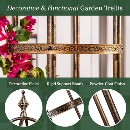Metal Garden Plant Obelisk | Indoor & Outdoor Safe | Powder-Coated Steel Cast Iron Finial | Trellis for Climbing Planters | Stamped Floral Pattern | 14" Dia. x 8'H (Antique Copper)