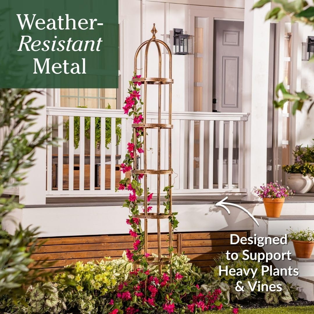 Metal Garden Plant Obelisk | Indoor & Outdoor Safe | Powder-Coated Steel Cast Iron Finial | Trellis for Climbing Planters | Stamped Floral Pattern | 14" Dia. x 8'H (Antique Copper)