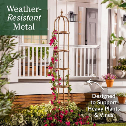 Metal Garden Plant Obelisk | Indoor & Outdoor Safe | Powder-Coated Steel Cast Iron Finial | Trellis for Climbing Planters | Stamped Floral Pattern | 14" Dia. x 8'H (Antique Copper)