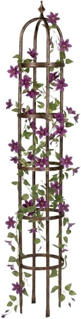 Metal Garden Plant Obelisk | Indoor & Outdoor Safe | Powder-Coated Steel Cast Iron Finial | Trellis for Climbing Planters | Stamped Floral Pattern | 14" Dia. x 8'H (Antique Copper)