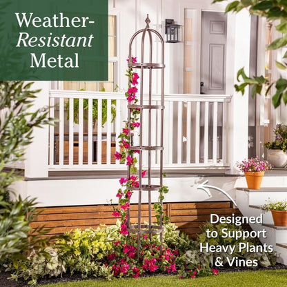 Metal Garden Plant Obelisk | Indoor & Outdoor Safe | Powder-Coated Steel Cast Iron Finial | Trellis for Climbing Planters | Stamped Floral Pattern | 14" Dia. x 8'H (Antique Copper)