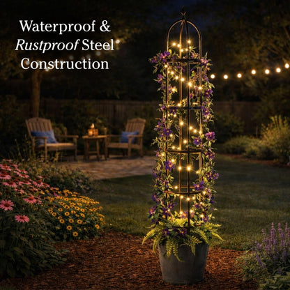 Metal Garden Plant Obelisk | Indoor & Outdoor Safe | Powder-Coated Steel Cast Iron Finial | Trellis for Climbing Planters | Stamped Floral Pattern | 14" Dia. x 8'H (Antique Copper)