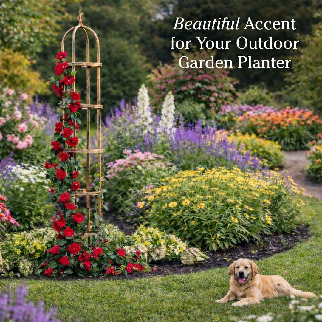 Metal Garden Plant Obelisk | Indoor & Outdoor Safe | Powder-Coated Steel Cast Iron Finial | Trellis for Climbing Planters | Stamped Floral Pattern | 14" Dia. x 8'H (Antique Copper)