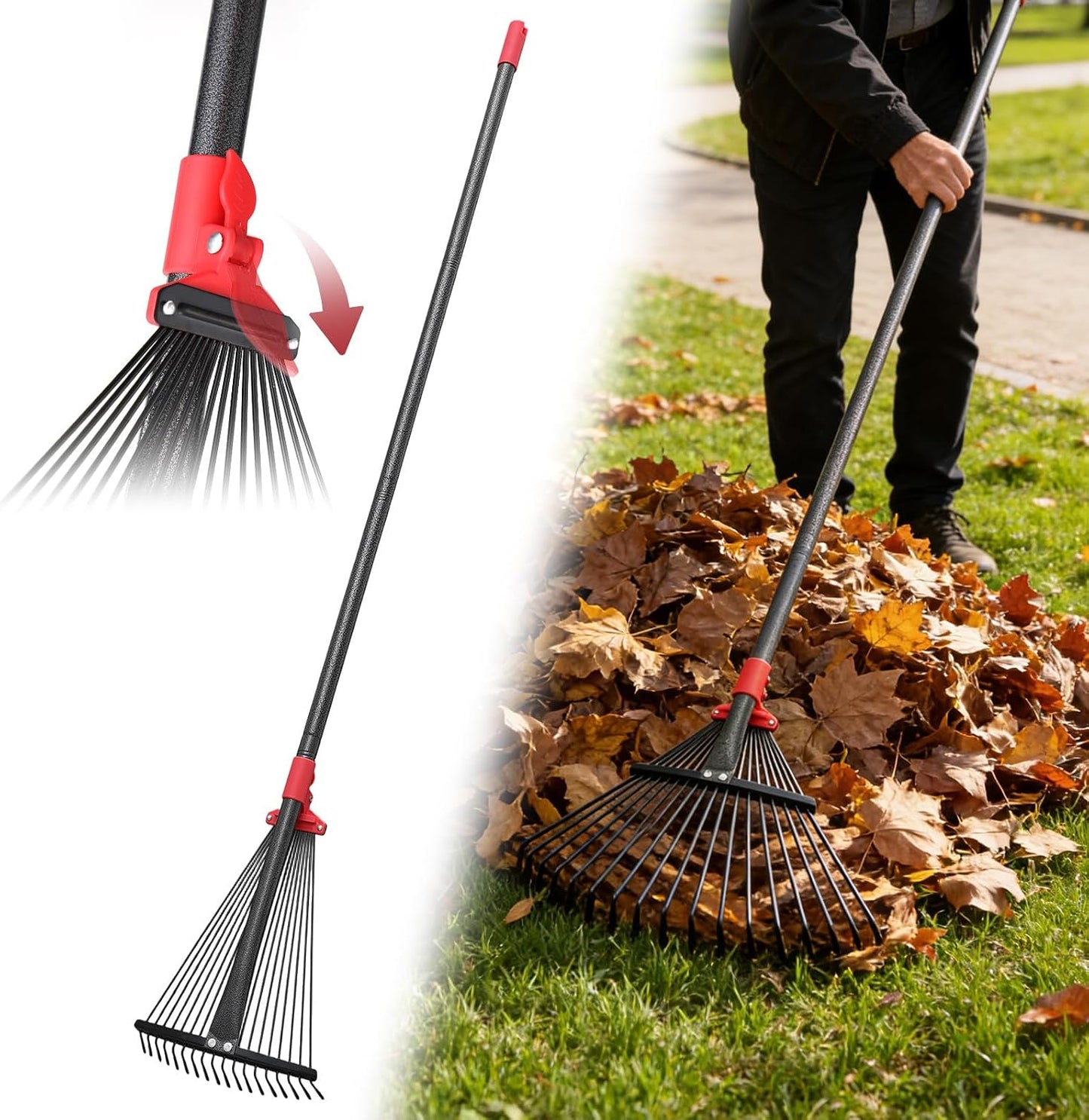 Garden Rake for Leaves: 70 Inch Adjustable Long Handle 18 Metal Tines with 8-17" Expandable Head Heavy Duty Metal Rake for Lawns Leaves Yard Grass Camping Debris