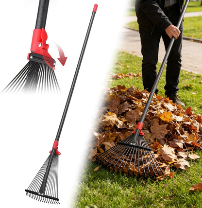Garden Rake for Leaves: 70 Inch Adjustable Long Handle 18 Metal Tines with 8-17" Expandable Head Heavy Duty Metal Rake for Lawns Leaves Yard Grass Camping Debris