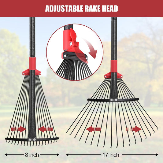 Garden Rake for Leaves: 70 Inch Adjustable Long Handle 18 Metal Tines with 8-17" Expandable Head Heavy Duty Metal Rake for Lawns Leaves Yard Grass Camping Debris