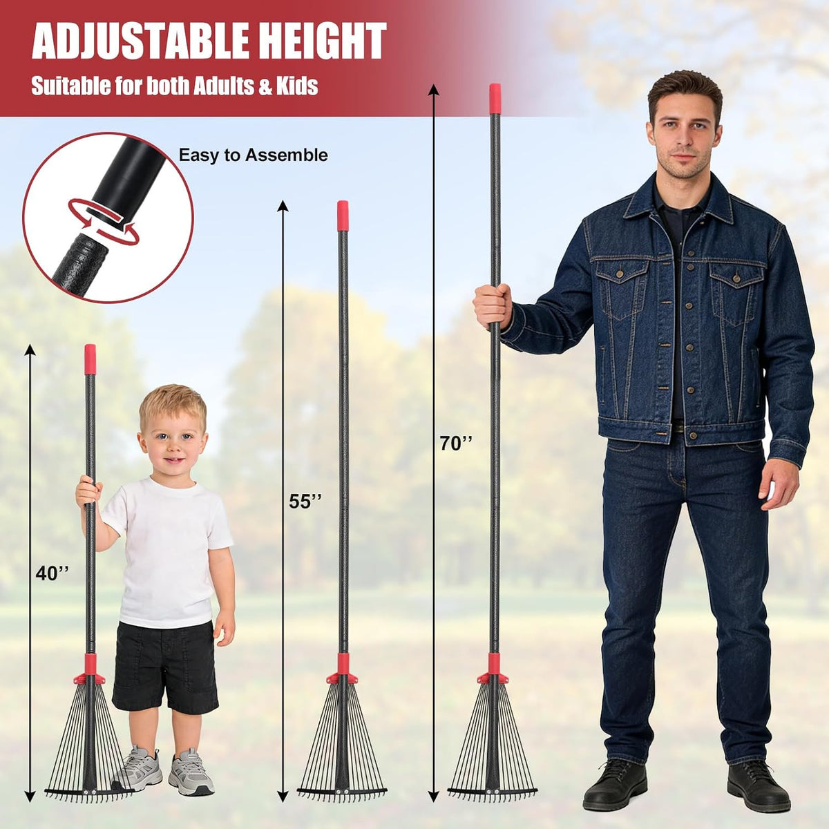 Garden Rake for Leaves: 70 Inch Adjustable Long Handle 18 Metal Tines with 8-17" Expandable Head Heavy Duty Metal Rake for Lawns Leaves Yard Grass Camping Debris