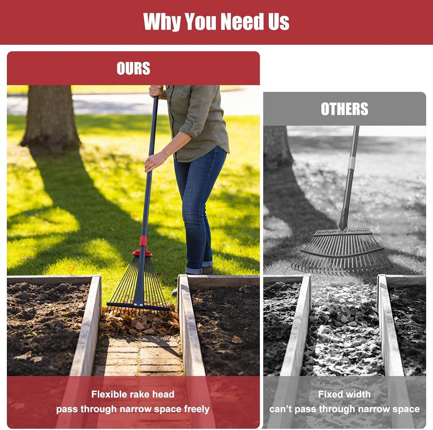 Garden Rake for Leaves: 70 Inch Adjustable Long Handle 18 Metal Tines with 8-17" Expandable Head Heavy Duty Metal Rake for Lawns Leaves Yard Grass Camping Debris