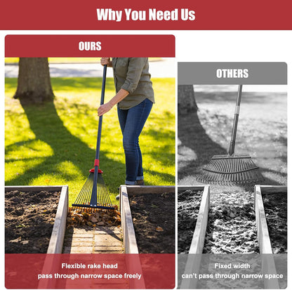 Garden Rake for Leaves: 70 Inch Adjustable Long Handle 18 Metal Tines with 8-17" Expandable Head Heavy Duty Metal Rake for Lawns Leaves Yard Grass Camping Debris