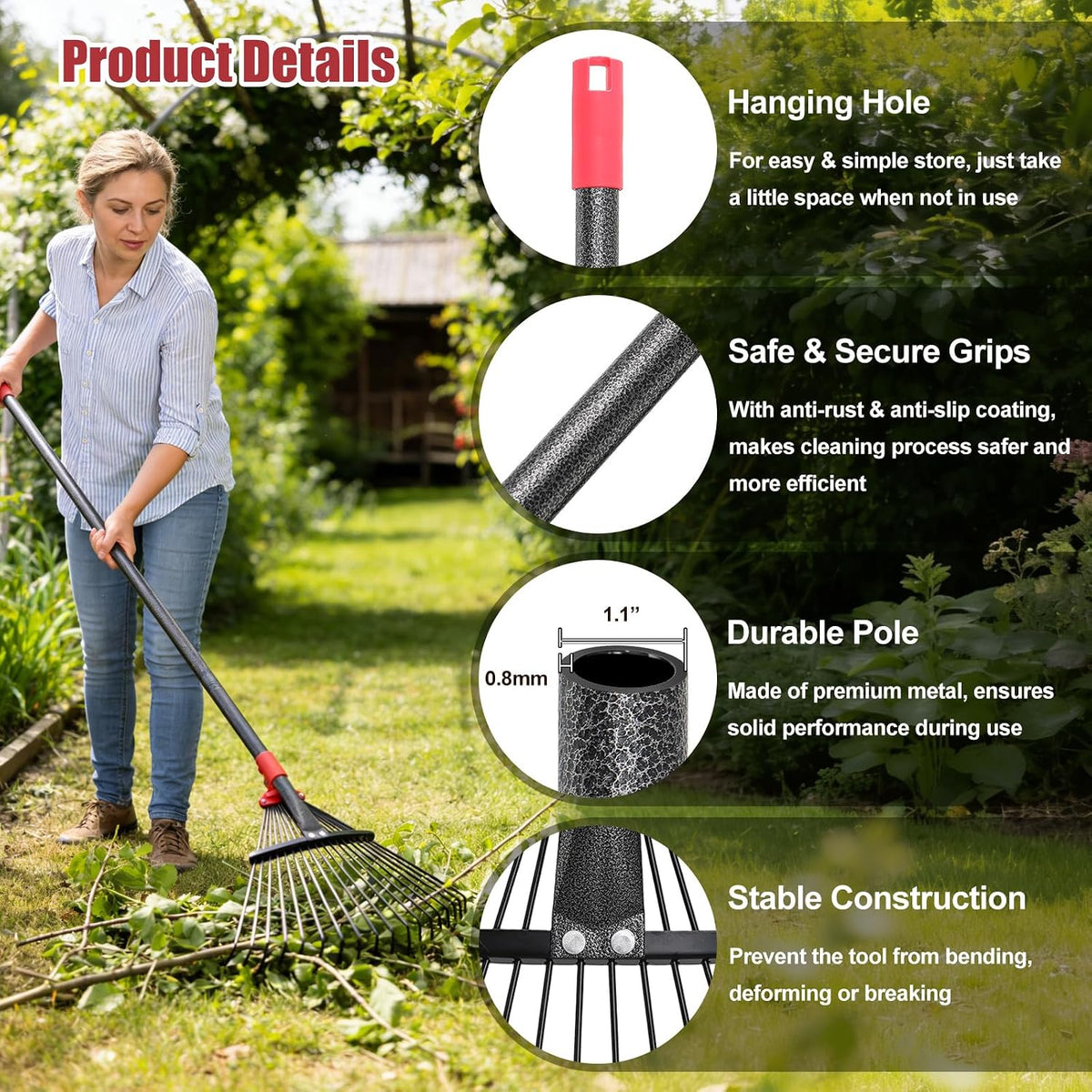 Garden Rake for Leaves: 70 Inch Adjustable Long Handle 18 Metal Tines with 8-17" Expandable Head Heavy Duty Metal Rake for Lawns Leaves Yard Grass Camping Debris