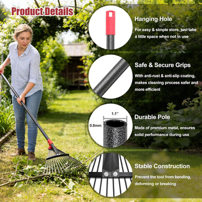 Garden Rake for Leaves: 70 Inch Adjustable Long Handle 18 Metal Tines with 8-17" Expandable Head Heavy Duty Metal Rake for Lawns Leaves Yard Grass Camping Debris