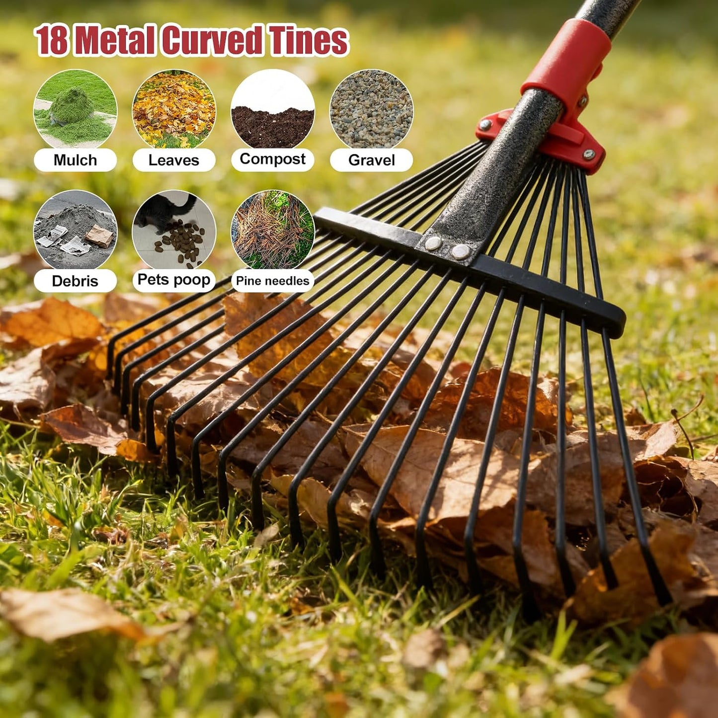 Garden Rake for Leaves: 70 Inch Adjustable Long Handle 18 Metal Tines with 8-17" Expandable Head Heavy Duty Metal Rake for Lawns Leaves Yard Grass Camping Debris